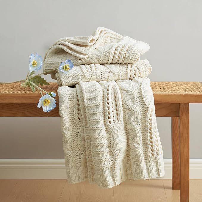 Amélie Home Chunky Knit Chenille Throw Blanket, Breathable Cable Knitted Blanket for Couch, Farmhouse Decorative Throw for Sofa Chair Bed, 50"x60", Ivory
