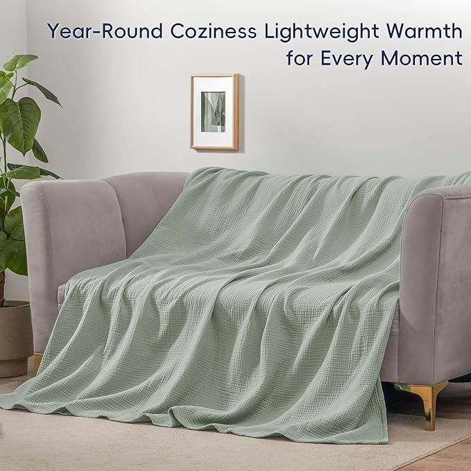 PHF 100% Cotton Muslin Blanket Queen Size 90" x 90", 4-Layer Lightweight and Breathable Blanket for Summer, Luxuriously Soft Gauze Bedding for Bed, Natural Minimalism Style, Ideal Gift, Sage Green