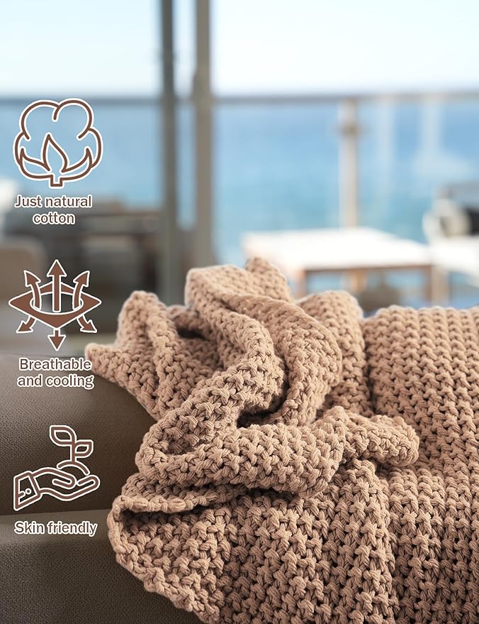 Chunky Cotton Knit Throw Blanket, Light Weight Cable Knit Throws for Bed Couch Sofa, Comfy & Relaxing, Decorative Piece for Farmhouse Modern Rustic Scandinavian Chic Vibe, Beige 60x80 Inches