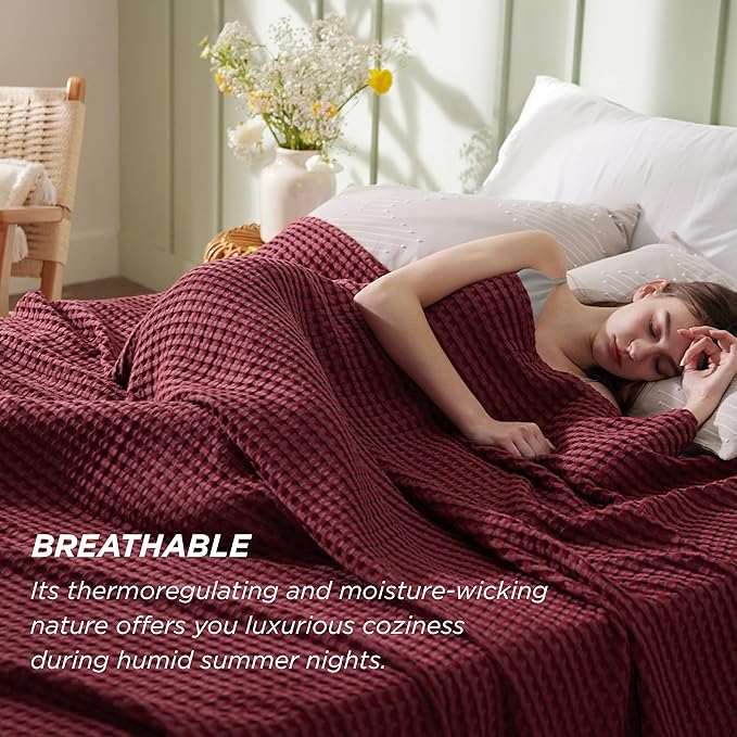 Bedsure Cooling Cotton Waffle Weave Blanket - Lightweight Breathable Blanket of Rayon Derived from Bamboo for Hot Sleepers, Luxury Throws for Bed, Couch and Sofa, Burgundy, 50x70 Inches