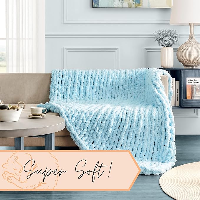 Adyrescia Chunky Knit Blanket Throw | 100% Hand Knit with Jumbo Chenille Yarn (50"x60", Light Blue)