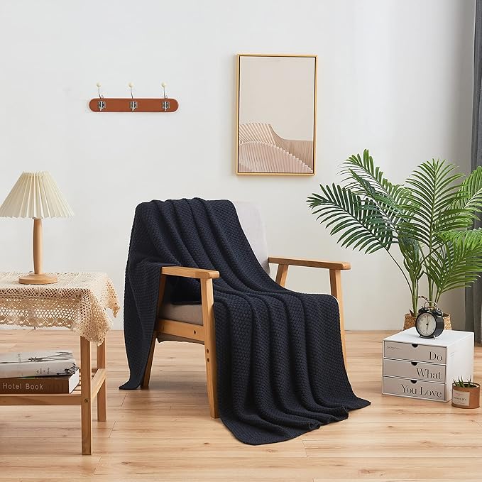 Longhui bedding Dark Navy Blue Knitted Throw Blanket for Couch, Soft, Cozy Machine Washable 100% Cotton Sofa Knit Blankets, Heavy 3.0lb Weight, 51 x 63 Inches, Dark Navy Blue Color.