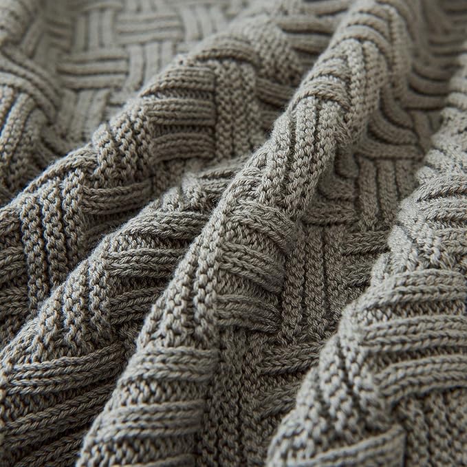 Longhui bedding Cotton Gray Cable Knit Throw Blanket for Couch Chairs Bed Beach, Home Decorative Grey Knitted Blanket, 50 x 60 Inch with a Washing Bag,Silk Bow Tie Package