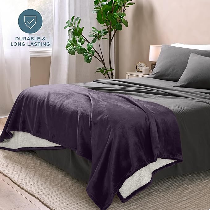 Bare Home Sherpa Fleece Blanket - Twin/Twin Extra Long - Blanket for Bed, Sofa, and Couch - Warm & Lightweight - Fluffy & Soft - Reversible (Twin/Twin XL, Eggplant)