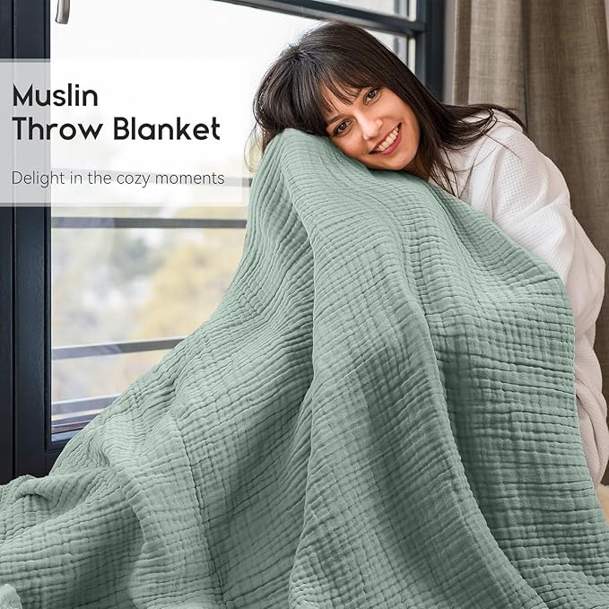 Yoofoss Muslin Blanket 100% Cotton Throw Large 50" x 60" for Bed Couch Summer Gauze Blanket for Adults Lightweight and Breathable Dark Green