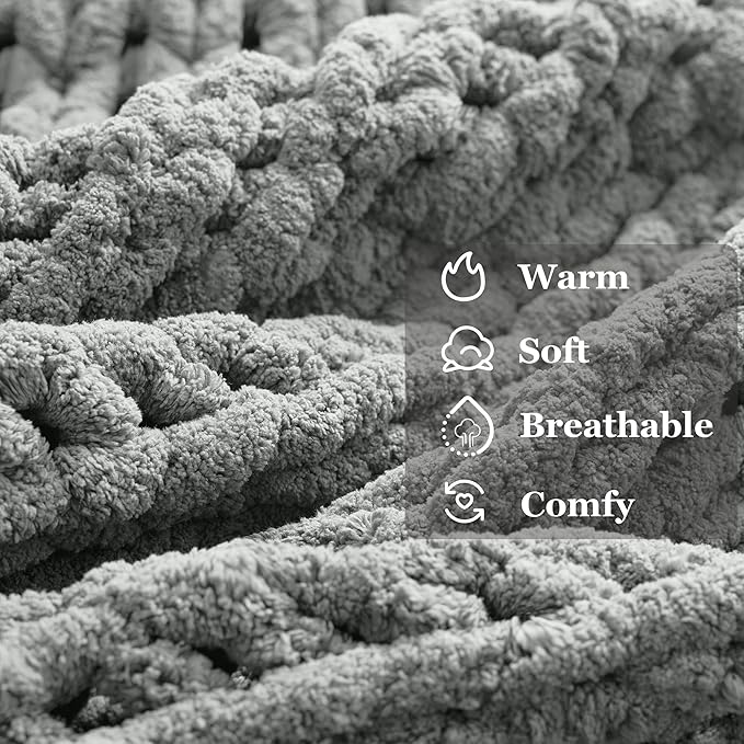 Light Grey Throw Blanket, 30" x 40" Chunky Knit Blanket, Handmade Warm & Soft Chenille Throw Blanket, Washable Decorative Knit Blanket with Jumbo Chenille Yarn for Couch Bed Sofa
