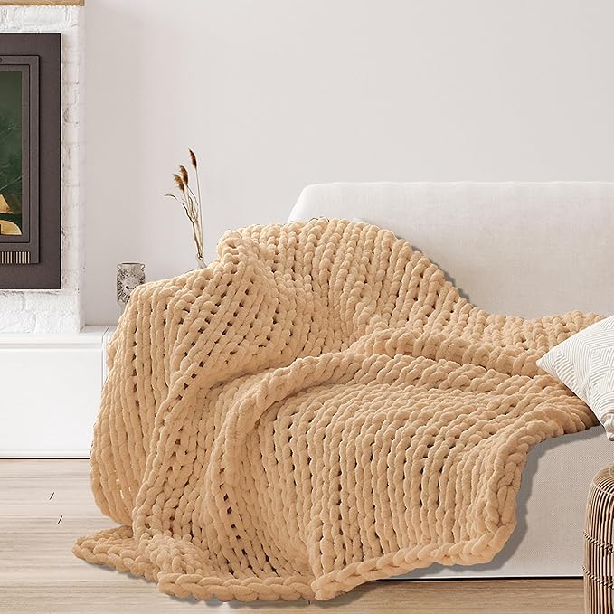 Oatmeal Throw Blanket, 40" x 50" Chunky Knit Blanket, Handmade Warm & Soft Chenille Throw Blanket, Washable Decorative Knit Blanket with Jumbo Chenille Yarn for Couch Bed Sofa