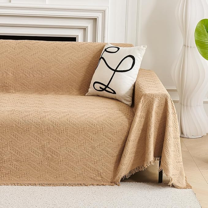AIVIA Couch Cover Sheet Blanket, Slipcover for 3-4 Cushion High Backed Backrest Sofa, Extra Large Furniture Decor L Shape U-Shaped Sectional Protector for Cats Dogs Pets (Khaki, 91” x 134”)
