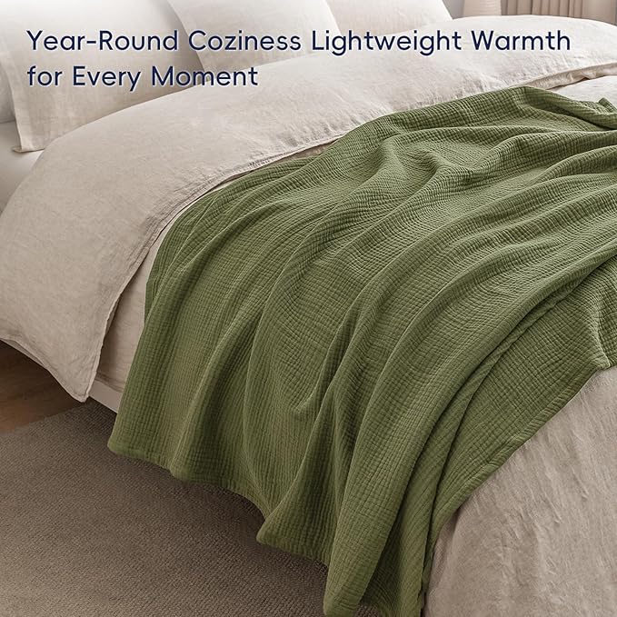 PHF 100% Cotton Muslin Throw Blanket 50" x 60", 4-Layer Lightweight and Breathable Blanket for Summer, Luxuriously Soft Gauze Throws for Couch, Natural Minimalism Style, Ideal Gift, Olive Green