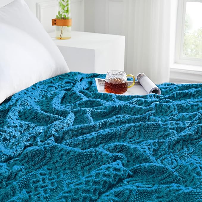 Aormenzy Teal Cable Knit Throw Blanket, Soft & Warm Knitted Blanket Throw for Couch Bed Sofa Living Room, 50 x 60 Inch