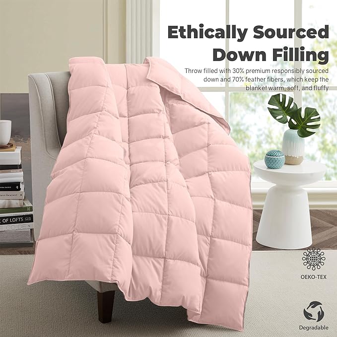 Soft Lightweight Down Blanket for Bed Sofa Couch Indoor and Outdoor Use, Warm and Fluffy Throw Blanket, Pink, Queen Size (90"X88")
