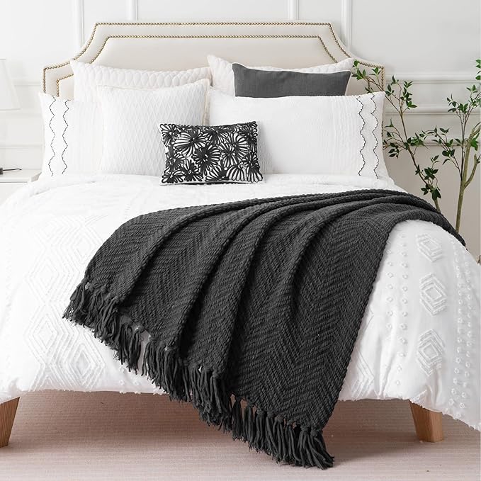 BATTILO Home Dark Grey Throw Blanket for Couch, Knit Charcoal Throw Blanket Versatile for Chair, 50 x 60 Inch - Super Soft Warm Grey Blanket with Tassels for Bed, Sofa and Living Room