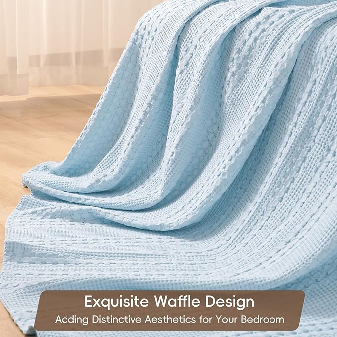 PHF 100% Cotton Waffle Weave Blanket Twin Size, Soft Lightweight Breathable Cozy Summer Blankets for Bed, Luxury Aesthetic Woven Bedding for Home Decor, 66"x90", Baby Blue