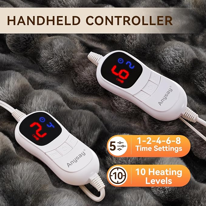 Heated Blanket Throw with 1/2/4/6/8 Hours Auto-Off 10 Heat Level, 90'' * 100'' Cozy Faux Rabbit Fur Bubble Electric Blanket with Overheat Protection(Tie-Dye Dark Grey)