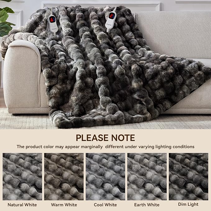 Heated Blanket Throw with 1/2/4/6/8 Hours Auto-Off 10 Heat Level, 90'' * 100'' Cozy Faux Rabbit Fur Bubble Electric Blanket with Overheat Protection(Tie-Dye Dark Grey)