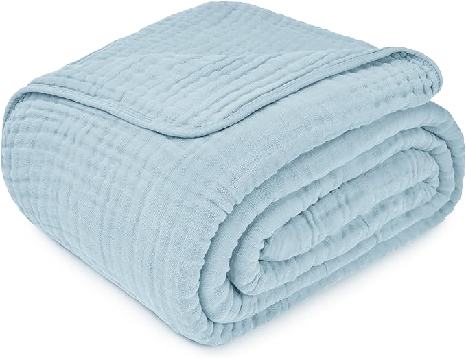 Comfy Cubs Muslin Blanket for Adults Queen 90" x 90" - 6 Layer Soft, Breathable & Lightweight Muslin Adult Blanket - Machine Washable & Designed in The US Bedding for All Seasons - Sky Blue