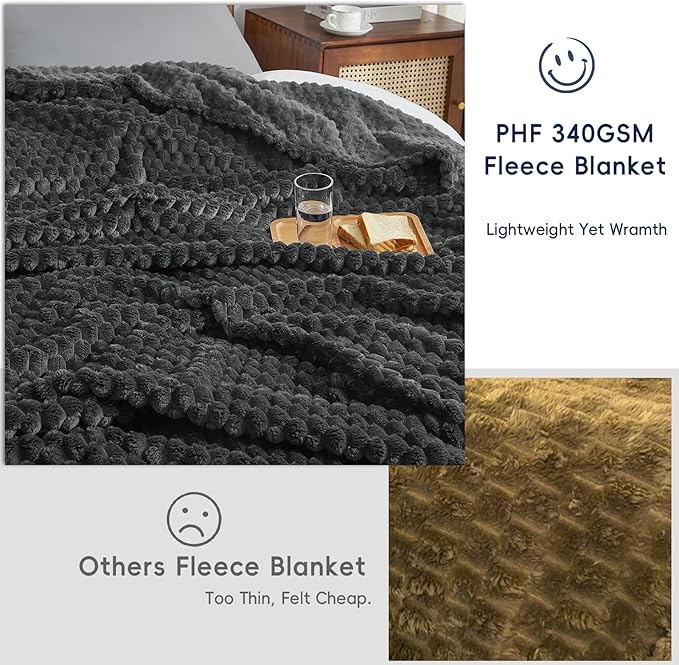 PHF Ultra Soft Flannel Fleece Blanket King Size, Lightweight 3D Jacquard Fleece Blanket, No Shedding, No Pilling, Luxury 340GSM Aesthetic Fluffy Cozy for Bed Room Decor, 108"x90", Dark Grey