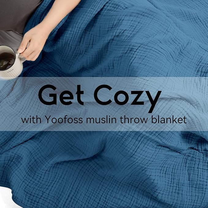 Yoofoss Muslin Blanket 100% Cotton Throw Large 50" x 60" for Bed Couch Summer Gauze Blanket for Adults Lightweight and Breathable Dark Blue