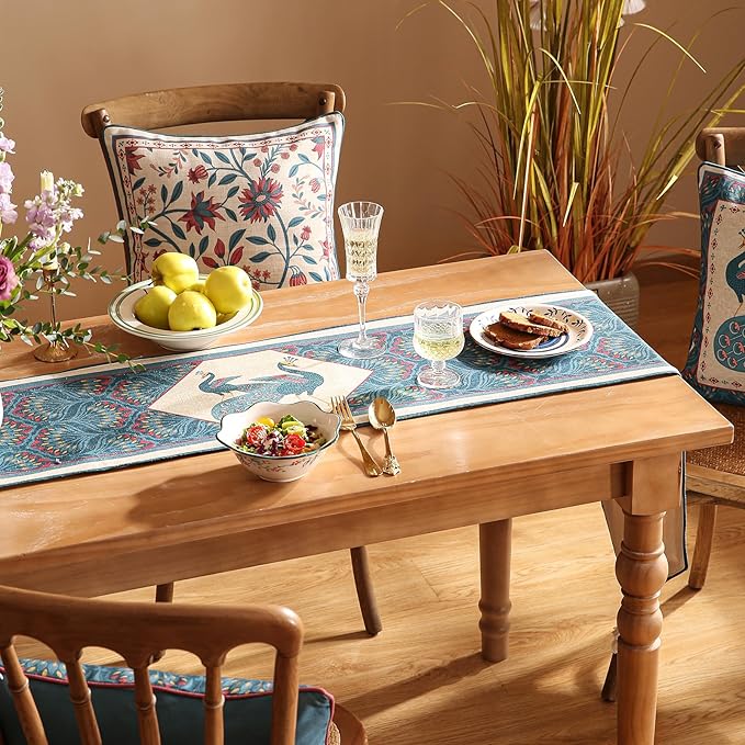Vintage Blue Peacock Table Runner for Table,Decorative Linen 87 Inches Long Table Runners,Cheesecloth Decor Tabletop for Kitchen,Dining,Tea Party,Home,Christmas,12"*87"