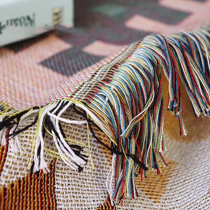 Luxlovery Bohemian Sofa Throw Blankets Dusty Yellow and Grey Woven Boho Hippie Tribal Boho Aztec Throw Blanket for Couch Bed Throws Oversized Chair Sofa Cover with Tassels(63"x102")