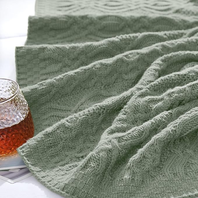 Aormenzy Sage Green Cable Knit Throw Blanket, Soft & Warm Knitted Blanket Oversized for Couch Bed Sofa Living Room, 60 x 80 inch