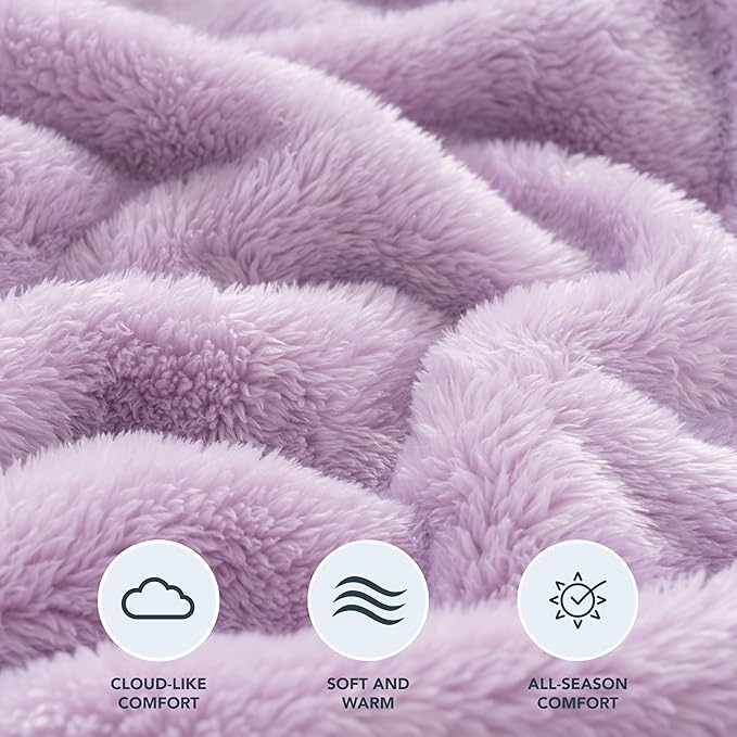 Berkshire Blanket Classic Extra-Fluffy™ Plush Blanket, Queen Size Bed Blanket, Soft Fuzzy Fluffy Long Hair Blanket for Couch Sofa Bed, Pastel Lilac Purple, 90x90 Inches