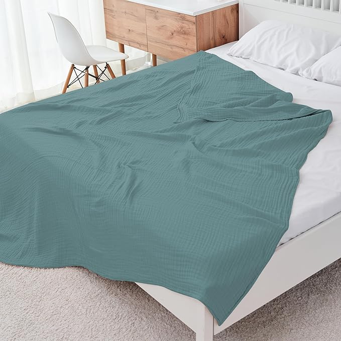 Cosy Family 6 Layer Muslin Bed Blanket - Breathable and Lightweight Gauze Boho Blanket for Spring, Soft 100% Cotton Muslin, Green, 55x80 Inches