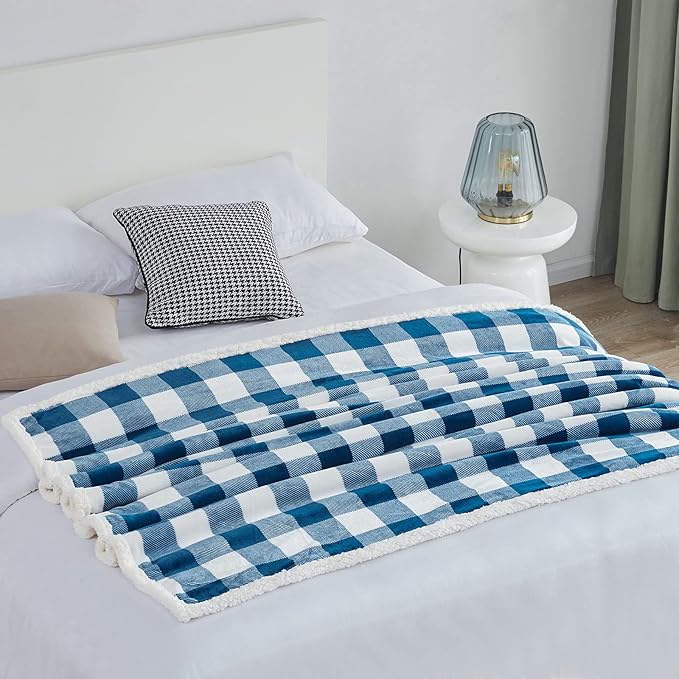 Touchat Sherpa Plaid Twin Blanket 60" X 70", Fuzzy Fluffy Soft Cozy Throw Blanket, Twin Size Plush Fleece Flannel Plush Microfiber Blanket for Couch Bed Sofa (Navy)