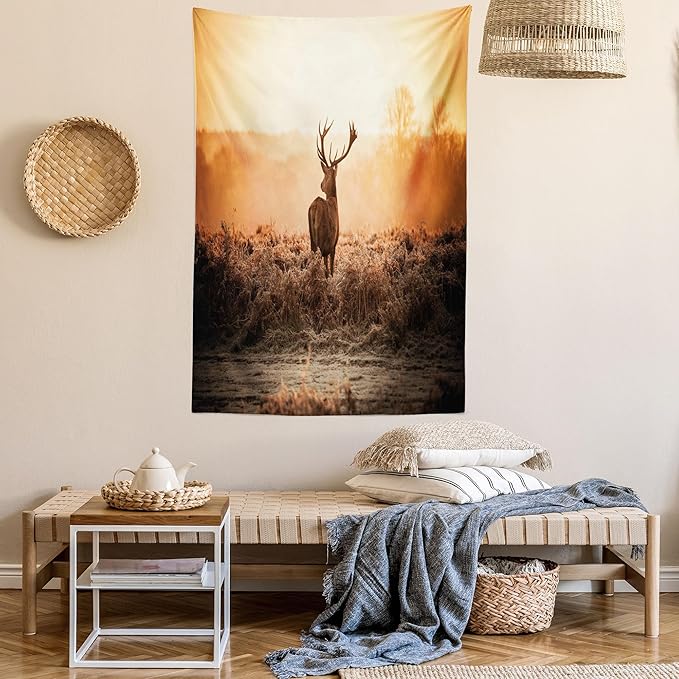 Ambesonne Hunting Tapestry Twin Size, Red Deer in the Morning Sun Wilderness Nature Scenery Countryside Rural Heathers, Wall Hanging Bedspread Bed Cover Wall Decor, 68" X 88", Brown Orange