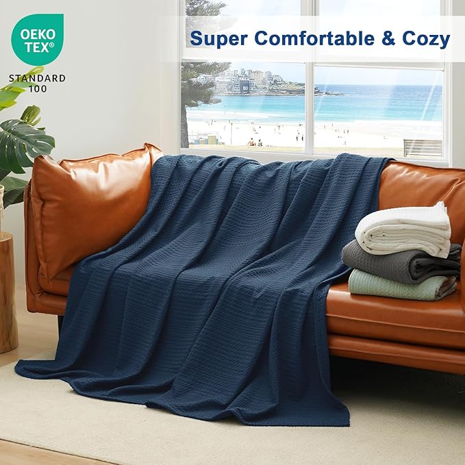 PHF Lightweight Waffle Weave Blanket Queen Size, Breathable & Ultra Soft, 90"x 90" Soft & Cozy Thin Blanket, Perfect for Summer & Hot Sleepers, Bed, Home Decor - Navy Blue
