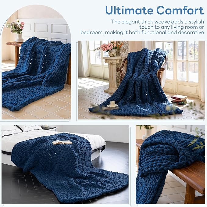 Chunky Knit Blanket - Luxury Soft Cozy King Size(60 * 80) Throw Blanket,100% Woven Blanket Rope Knot Throw Blanket for Couch, Sofa, Home Decor, Gift - Machine Washable(Deep Blue)