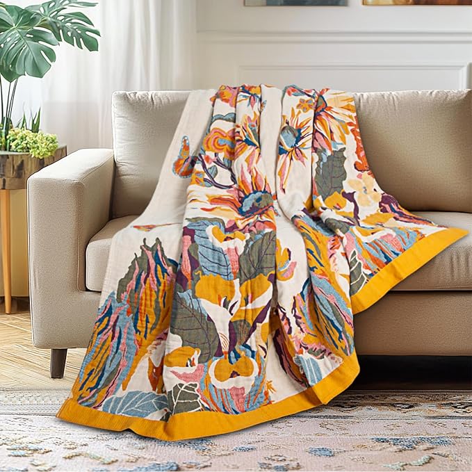 MACEVIA 100% Cotton Boho Throw Blanket, Soft Lightweight Butterfly Floral Design, 80"x90" Large Bedspread for Queen Bed, Couch Sofa, Cottagecore Decor(Butterfly Floral)