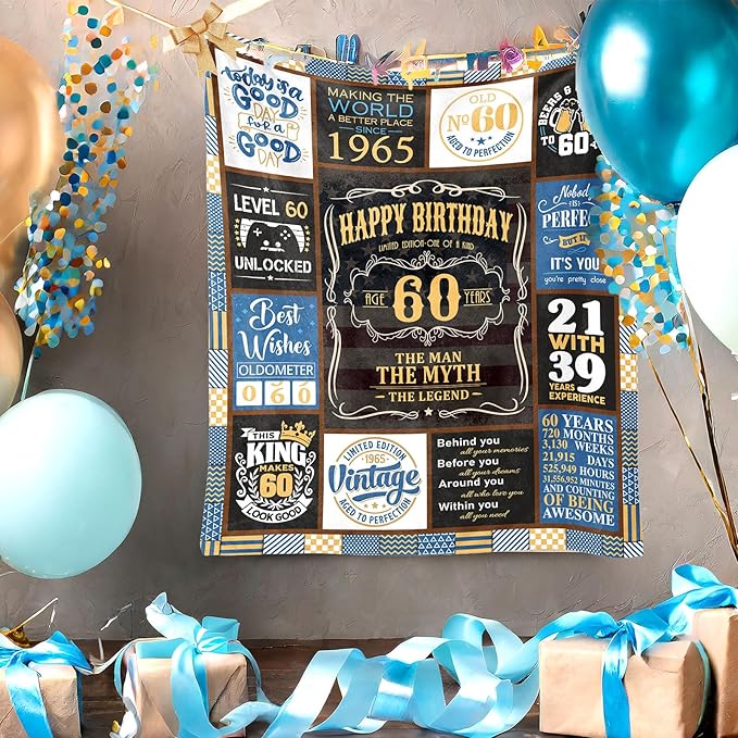 60th Birthday Gifts for Men Blanket 60 x 50 inch, 60 Year Old Birthday Gifts for Men, Gift for 60 Year Old Man, 1965 Mens 60th Birthday Gift Ideas Male, 60 th Birthday Gift for Dad