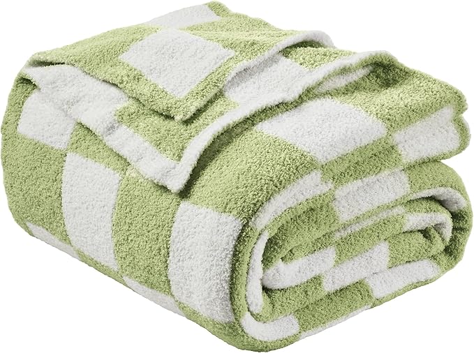 Super Soft Luxurious Warm Checkered Throw Blanket - Reversible for Couch, Bed, Sofa - 60x80 Inches - Green and White