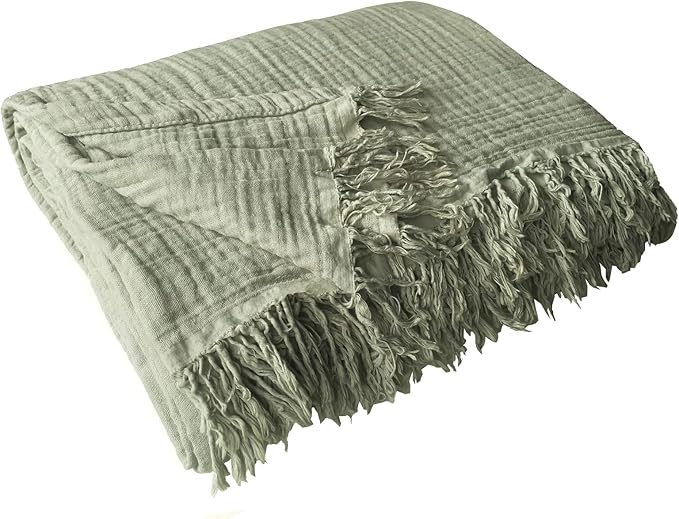 100% Cotton Blankets King 90" x104“ Muslin Throw Blanket for Adult, Bed, Couch, Pre-Washed, Breathable Lightweight Gauze Soft Blanket w/Fringe, All Season, (Sage Green)