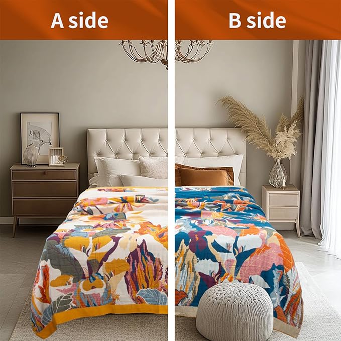 MACEVIA 100% Cotton Boho Throw Blanket, Soft Lightweight Butterfly Floral Design, 80"x90" Large Bedspread for Queen Bed, Couch Sofa, Cottagecore Decor(Butterfly Floral)