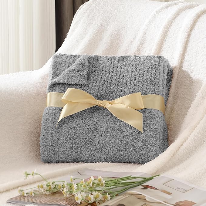 JOOJA Grey Knit Throw Blanket Knitted Boucle Blankets Decorative Soft Fuzzy Throw Bed Blanket for Women Couch 50x60 Inches Grey