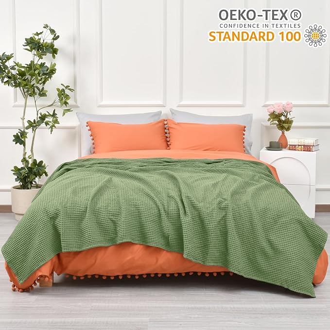 PHF Pre-Washed Cotton Waffle Weave Blanket Queen Size for Bed,Snag Proof Throw Blanket for Couch Spring Summer Lightweight Breathable,Oeko-TEX Certified,Machine Washable, Home Decor Gift,Loden Green