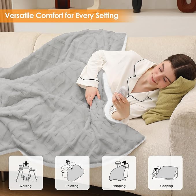 ESTINGO Faux Fur Electric Throw Blanket, Luxury Furry Throw Heated Blanket, 3D Geometric Pattern Thick Rabbit Fux Fluffy Heating Blanket with 5 Heating Levels & 4 Hours Auto Off, 50" x 60" Light Gray