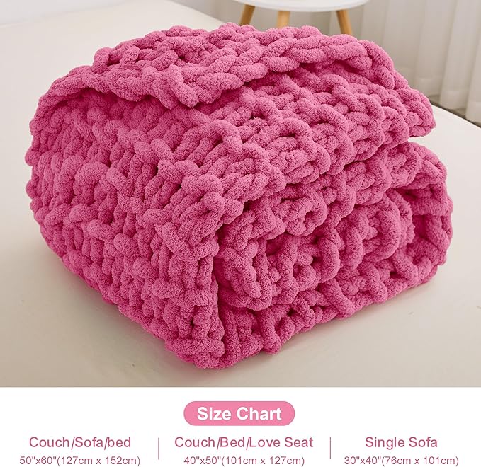 Knit Blanket 50"x60" Rose Cream Soft Washable Chenille Throw Blanket Cozy 100% Handmade Crochet Blankets with Jumbo Chenille Yarn for Couch Bed Sofa Room Decor