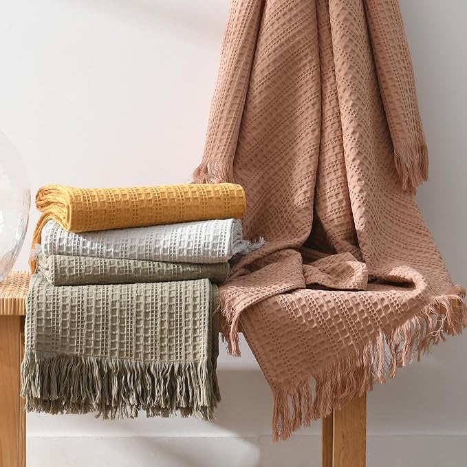 100% Cotton Waffle King Blanket with Fringe 104"x90", Pre-Washed Waffle Weave Blanket for All Season, Lightweight Breathable Soft Cozy Throw Blanket for Couch, Bed, Travel (Dusty Pink)