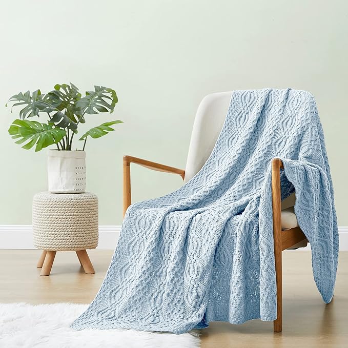 Aormenzy Light Blue Cable Knit Throw Blanket, Soft & Warm Knitted Blanket Throw for Couch Bed Sofa Living Room, 50 x 60 inch
