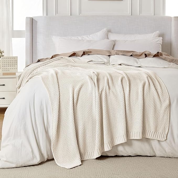 Joydeco Chunky Cable Knit Throw Blanket, Lightweight 100% Cotton Soft Cozy Throw Twin Blanket for Couch Bed and Sofa, Rustic Breathable Farmhouse Blanket Gift for Women Men(Cream White, 60"x80")