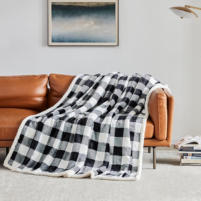 Touchat Sherpa Plaid Twin Blanket 60" X 70", Fuzzy Fluffy Soft Cozy Throw Blanket, Twin Size Plush Fleece Flannel Plush Microfiber Blanket for Couch Bed Sofa (Black)