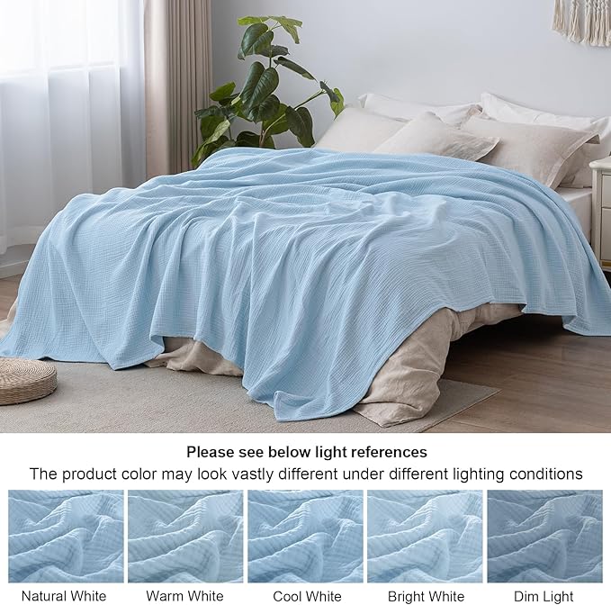 PHF 100% Cotton Muslin Blanket King Size 108" x 90", 4-Layer Lightweight and Breathable Blanket for Summer, Luxuriously Soft Gauze Bedding for Bed, Natural Minimalism Style, Ideal Gift, Sky Blue