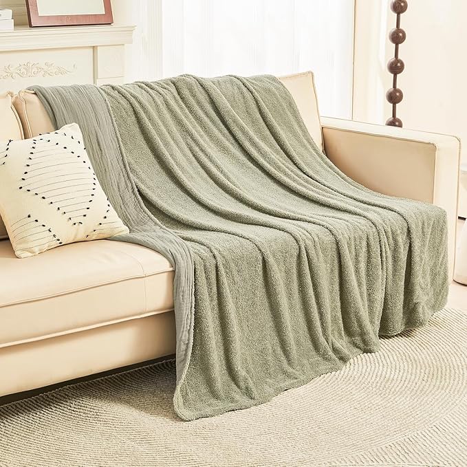 EMME Muslin Cotton Fleece Twin Blanket Reversible - 60"*80" Sage Green Soft Warm Throw Blankets for Couch Bed Picnic Travel Bed
