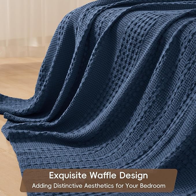 PHF 100% Cotton Waffle Weave Blanket Twin Size, Soft Lightweight Breathable Cozy Summer Blankets for Bed, Luxury Aesthetic Woven Bedding for Home Decor, 66"x90", Bright Navy Blue