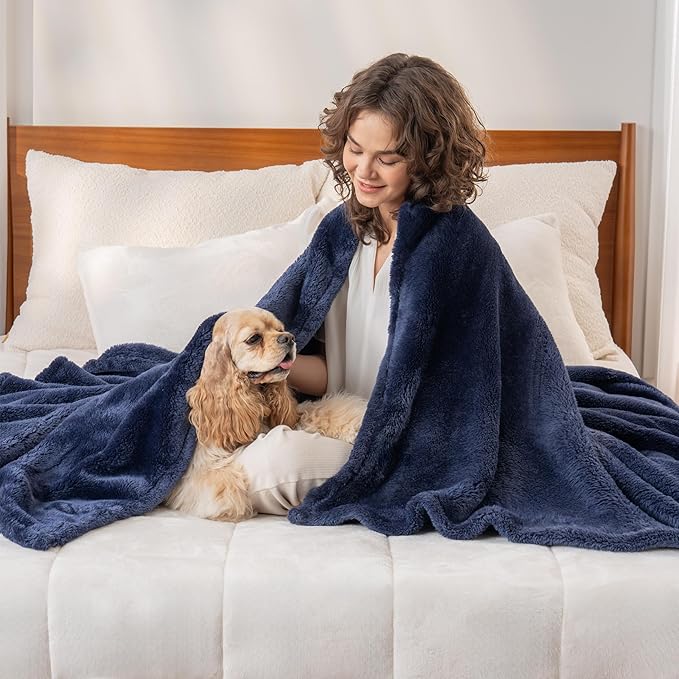 Berkshire Blanket Classic Extra-Fluffy™ Plush Blanket, Twin Size Bed Blanket, Soft Fuzzy Fluffy Long Hair Blanket for Couch Sofa Bed, Atlantis Dark Blue, 60x92 Inches