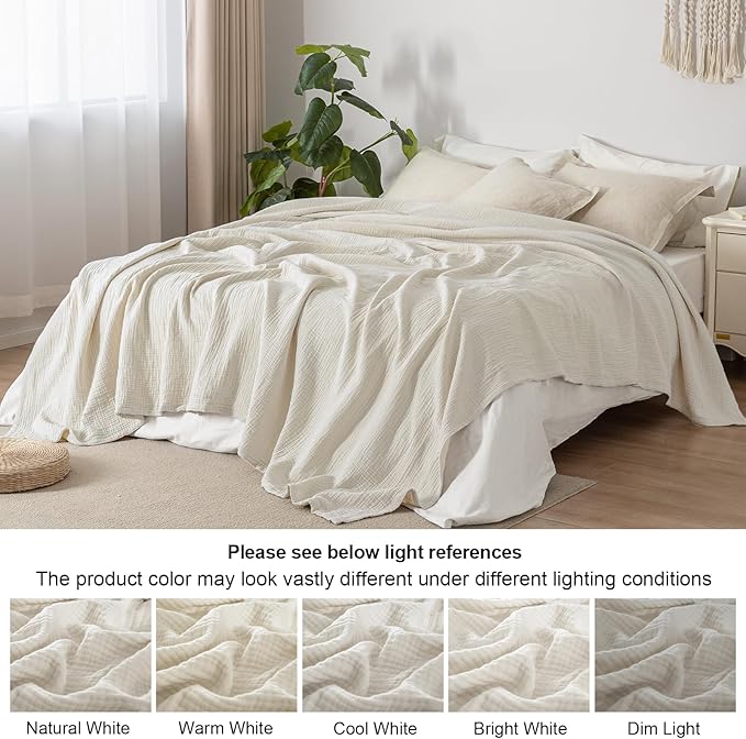 PHF 100% Cotton Muslin Blanket King Size 108" x 90", 4-Layer Lightweight and Breathable Blanket for Summer, Luxuriously Soft Gauze Bedding for Bed, Natural Minimalism Style, Ideal Gift, Oat Milk