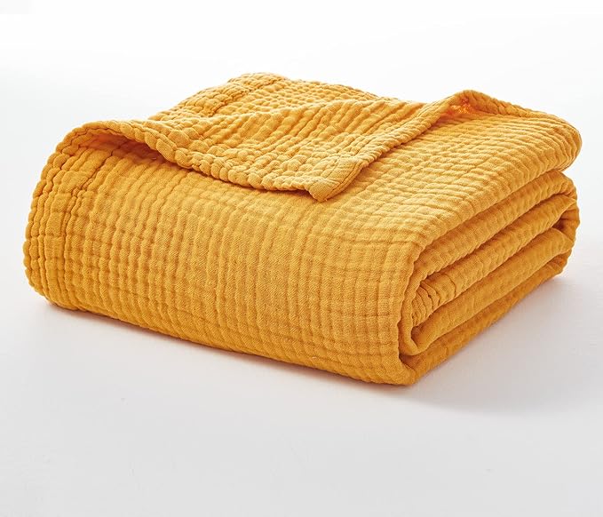 EMME Cotton Blanket Queen Size for Bed Soft Large Muslin Bed Blankets 80"x90" Lightweight Breathable Blanket All Season Gauze Blanket, Mustard Yellow